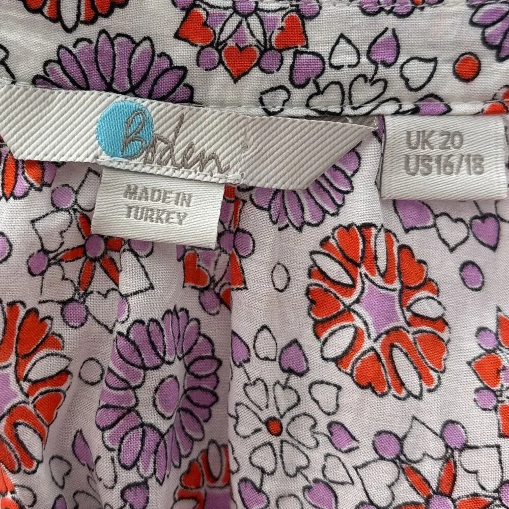 Boden Natural White Patricia Floral Red Purple Popover Long Sleeve Top